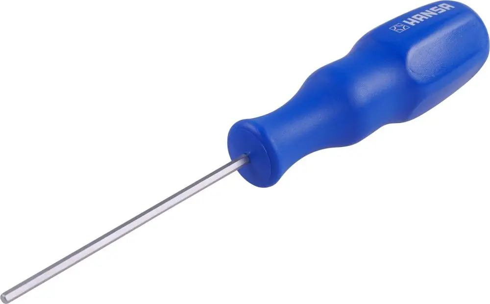 Schraubendreher mit blauem, ergonomischem Griff und metallener, gerader Klinge. Marke HANSA. Geeignet für verschiedene Schraubarbeiten.
